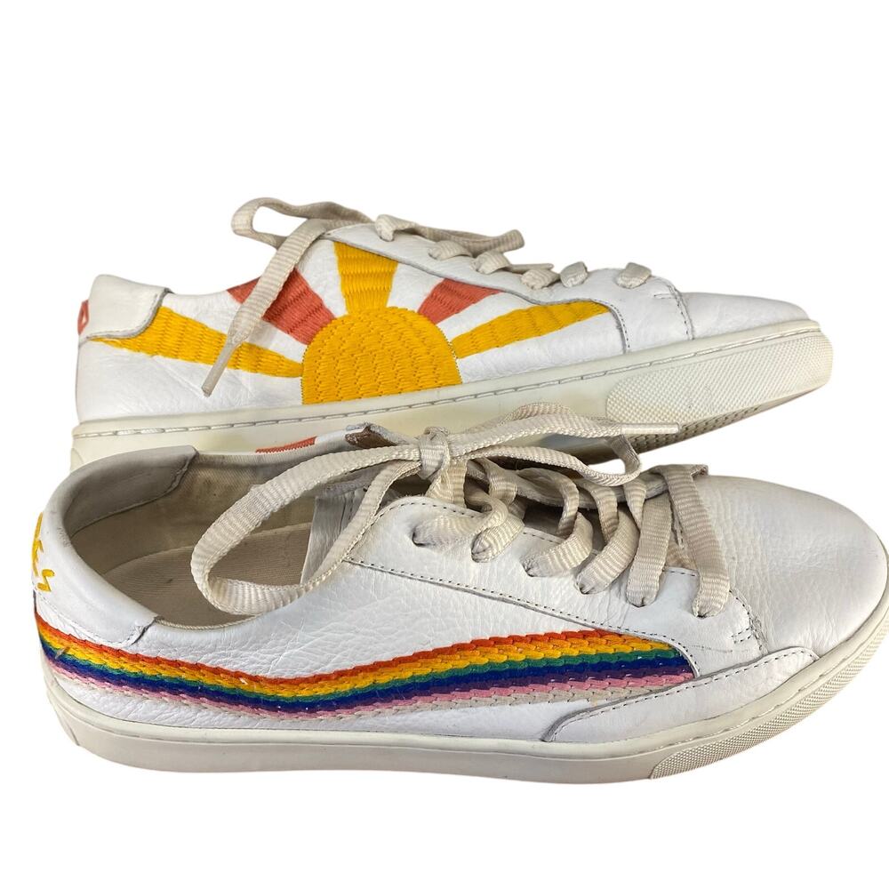 Soludos Shoes Womens 8.5 White Leather Good Vibes Sneakers Embroidered Rainbow